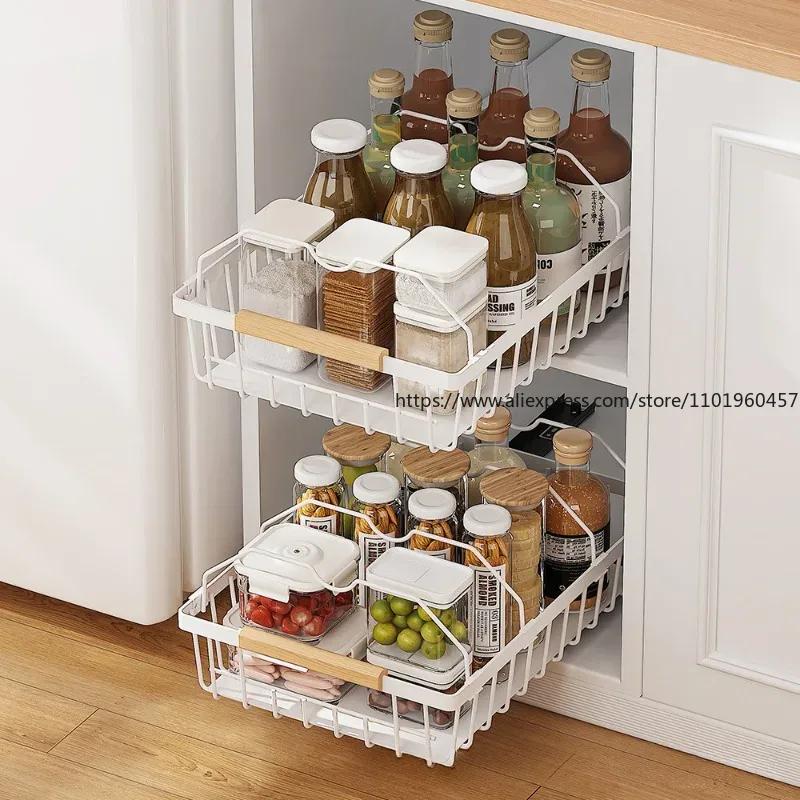WMMO Pull-Out Cabinet Organizer Kitchen Seasoning Jar Dish Bowl Storage Rack Multipurpose Storage Rack Slide Out Pantry Shelves
