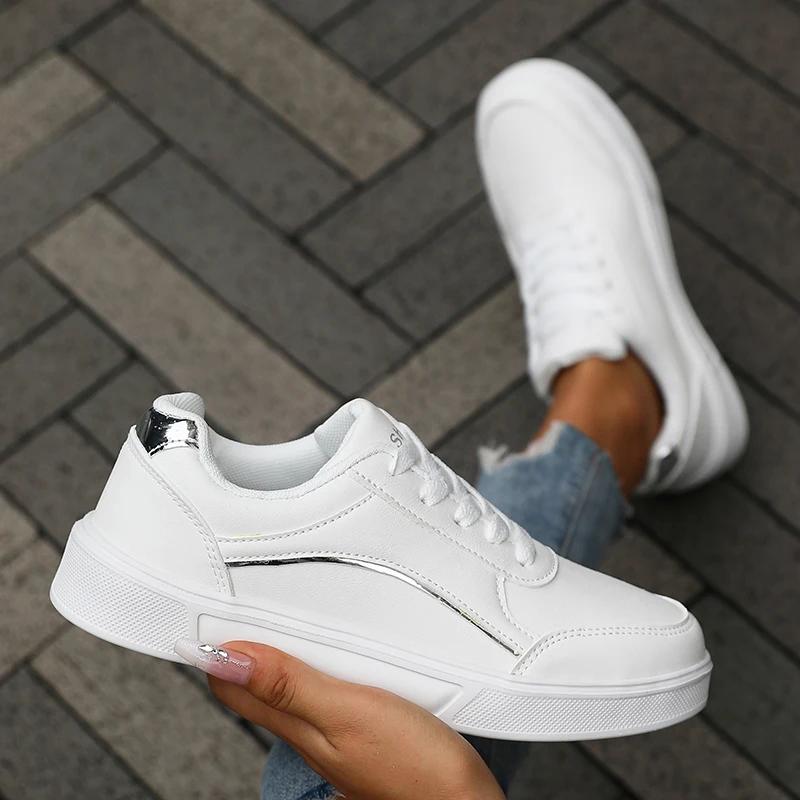 Women's Casual White Sneakers Chic Silver Trim Soft Lining Non Slip Shoes New Minimalist Design PU Leathe Skate Shoes for Women