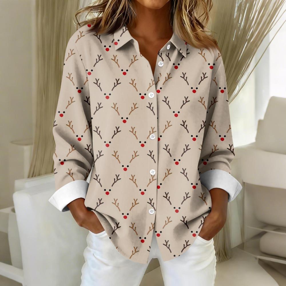 Red Christmas Santa Printed Women Long Sleeve Shirts Casual Autumn Elegant Tops