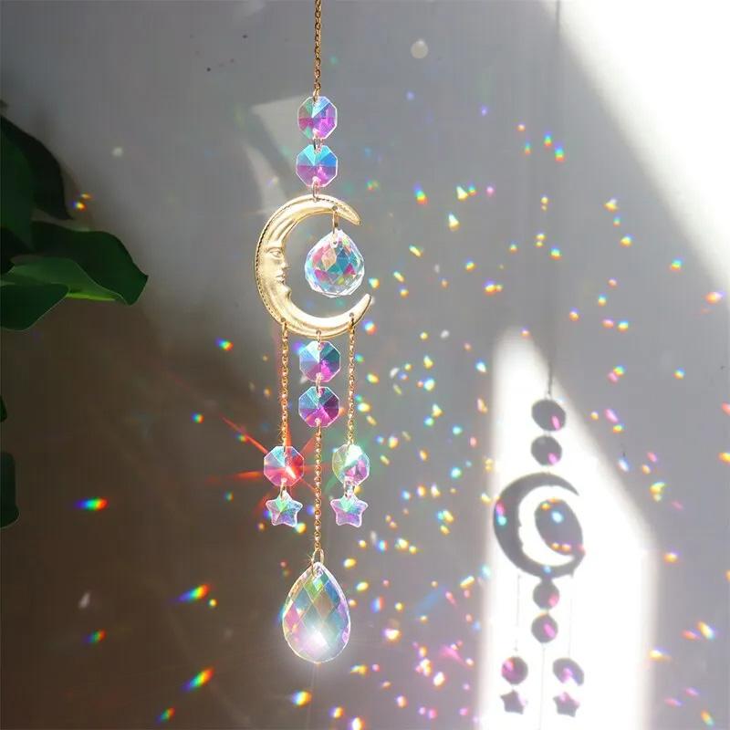 1ks Barevný křišťálový zvonkohra Měsíc Dekorativní přívěsek Křišťálový hranol Závěsný dárek SunCatcher pro zahradní párty Venkovní domácí dekorace