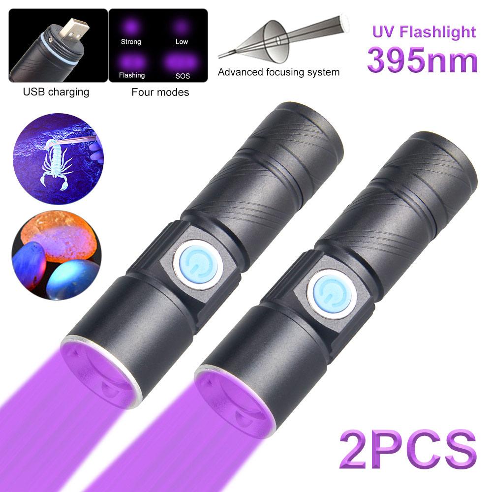 1/2pc 395nm UV Lamp USB Rechargeable Ultraviolet Flashlight 3Mode Powerful Mini UV LED Torch Telescopic zoom UV Light Blacklight