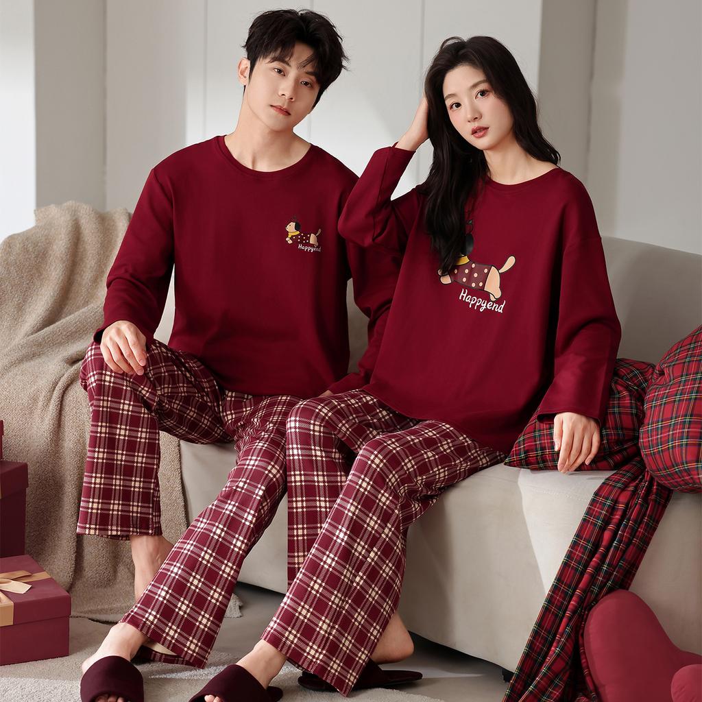 Couple Pajamas Pure Cotton Long-sleeved Natal Year Red Wedding Festive New Wedding Large Size Cartoon Loose Loungewear Two-piece Set