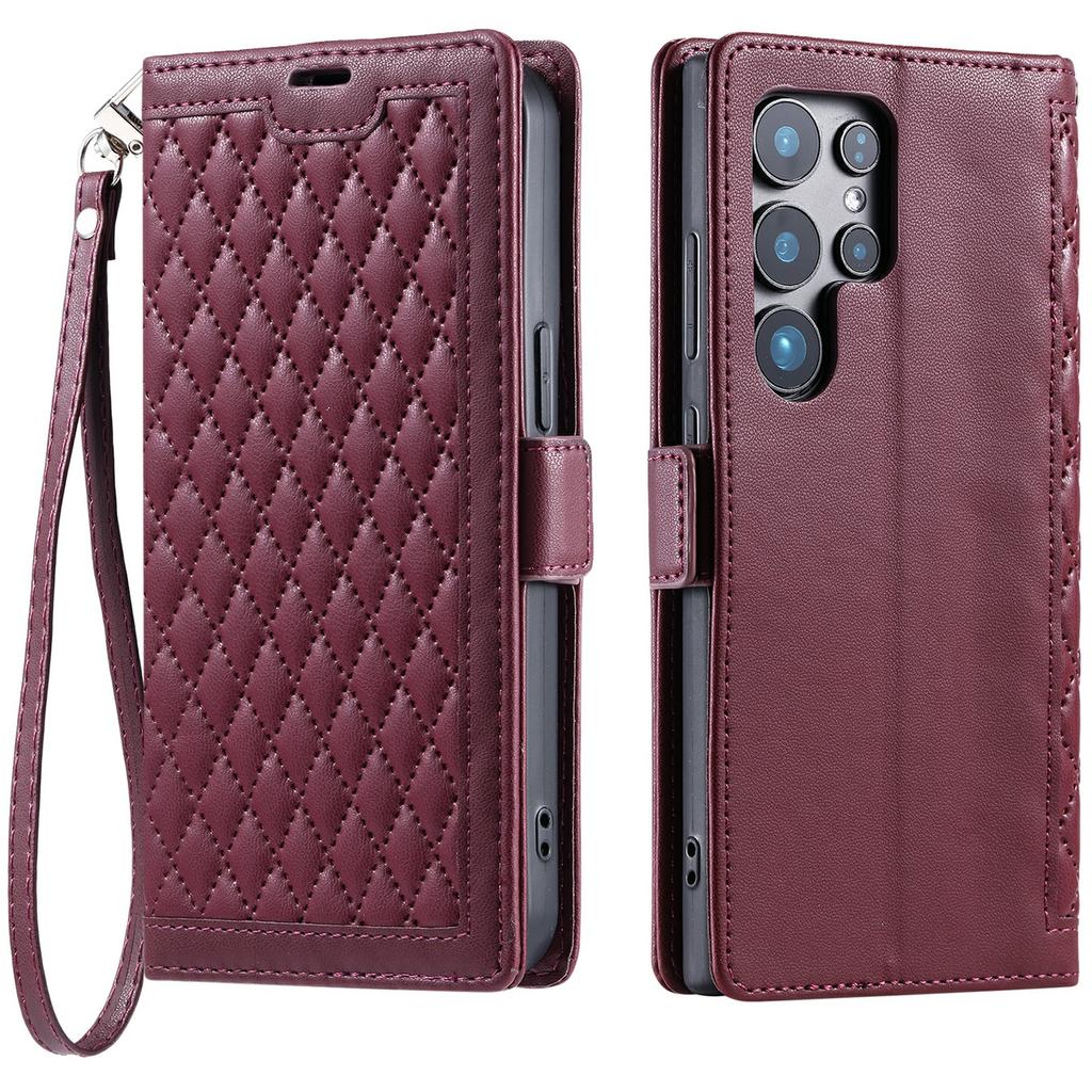 For Samsung Galaxy S24 Ultra Leather Case Rhombus Texture Wallet Stand Phone Cover with Wrist Strap