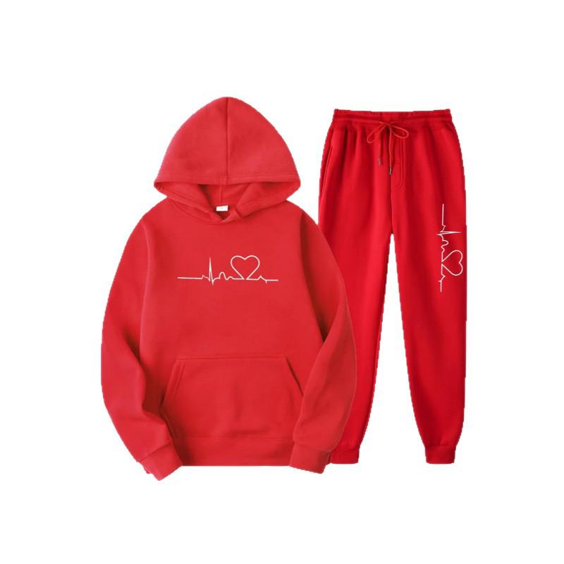 Unisex Heart Pattern Velvet Hoodie Set for Autumn/Winter