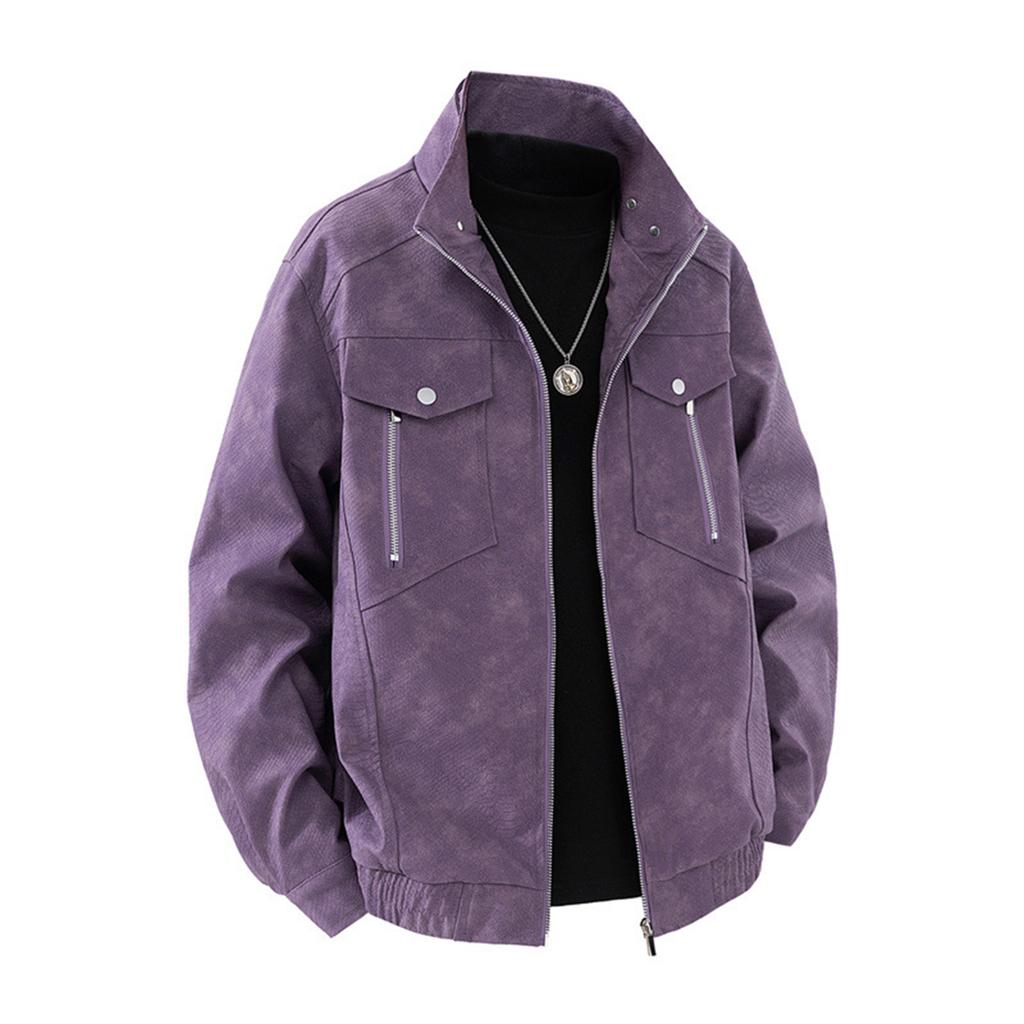 Men's Solid Color Zipper Stand Collar PU Leather Jacket Casual Sports Trendy Coat