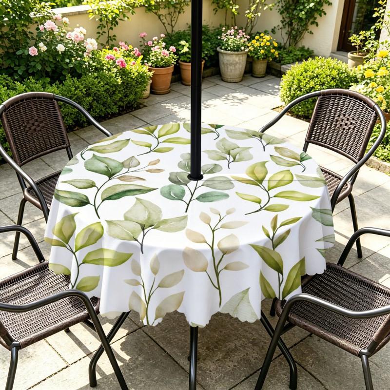 Outdoor Round Tablecloth With Umbrella Hole Waterproof Oil Resistant Floral Leaf Patio Garden Deck