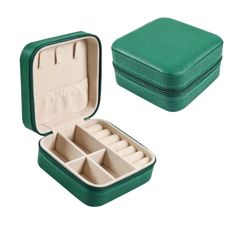 Zippered Leather-Material Jewelry Storage Case with Lid Hooks, Interior Pocket, Ring Rolls, and Removable Dividers