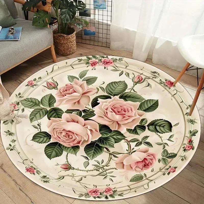 Tapis Rond Élégant Rose – Tapis Style Victorien Vintage pour Cuisine & Bureau, Tapis de Sol Floral Classique Décoration de Maison Diameter 140cm(55in)