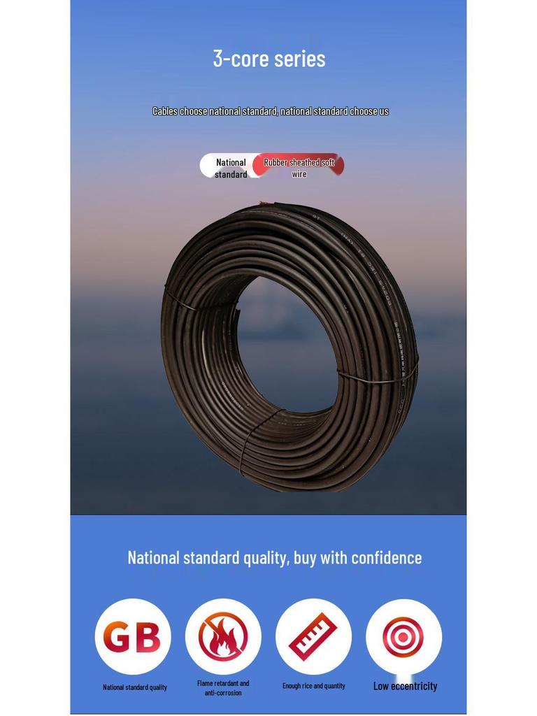 GB Standard YZ/YC 3-Core 25mm² Oxygen-Free Copper Waterproof Rubber-Sheathed Flexible Cable