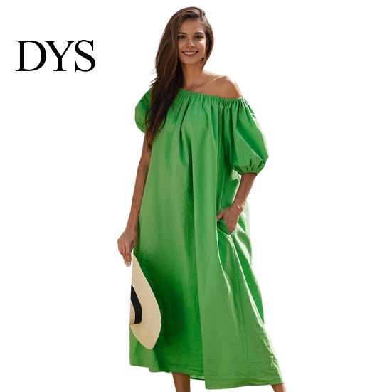 Puff Sleeve Midi Dress Women Off Shoulder Short Bubble Elastic Cuff Pleated Loose Solid Color Side Pockets Vacation Beach