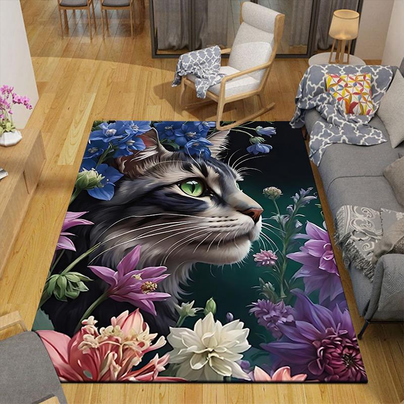 1Pc Cat Amidst Floral Splendor Rug, Office Carpet Indoor Outdoor Doormat, Non-Slip, Comfortable, Living, Christmas Halloween, Xmas Gift G116