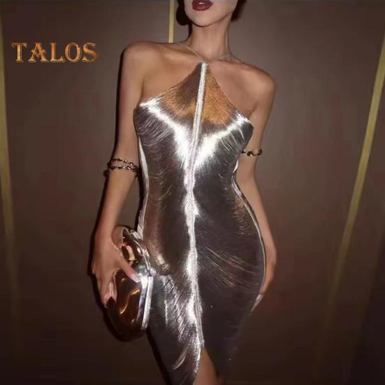 Women Party Dress Glossy Tassel Halter Neck Backless Sleeveless Split Hem Solid Color Slim Fit Off Shoulder Club Party Banquet Mini Dress