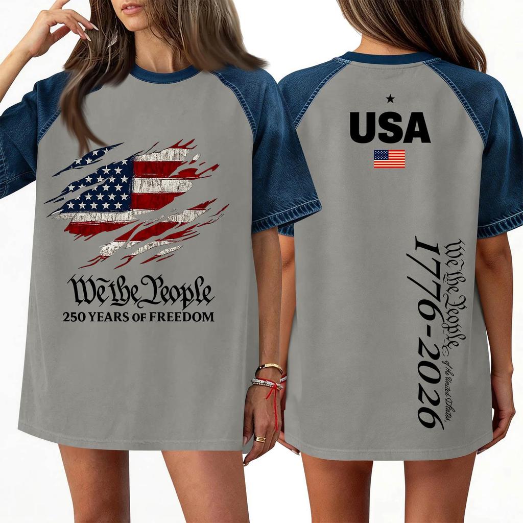 Women's Denim Patchwork Top, Casual Short-sleeved Comfortable T-shirt, Fashionable For Spring And Summer.