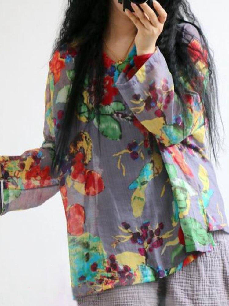 Vintage Floral Print Linen Tshirt Women Long Sleeve Loose Casual Summer Thin Tshirts Comfortable Fashion Top