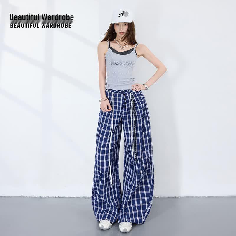 Women s Blue Plaid Wide-Leg Casual Trousers L