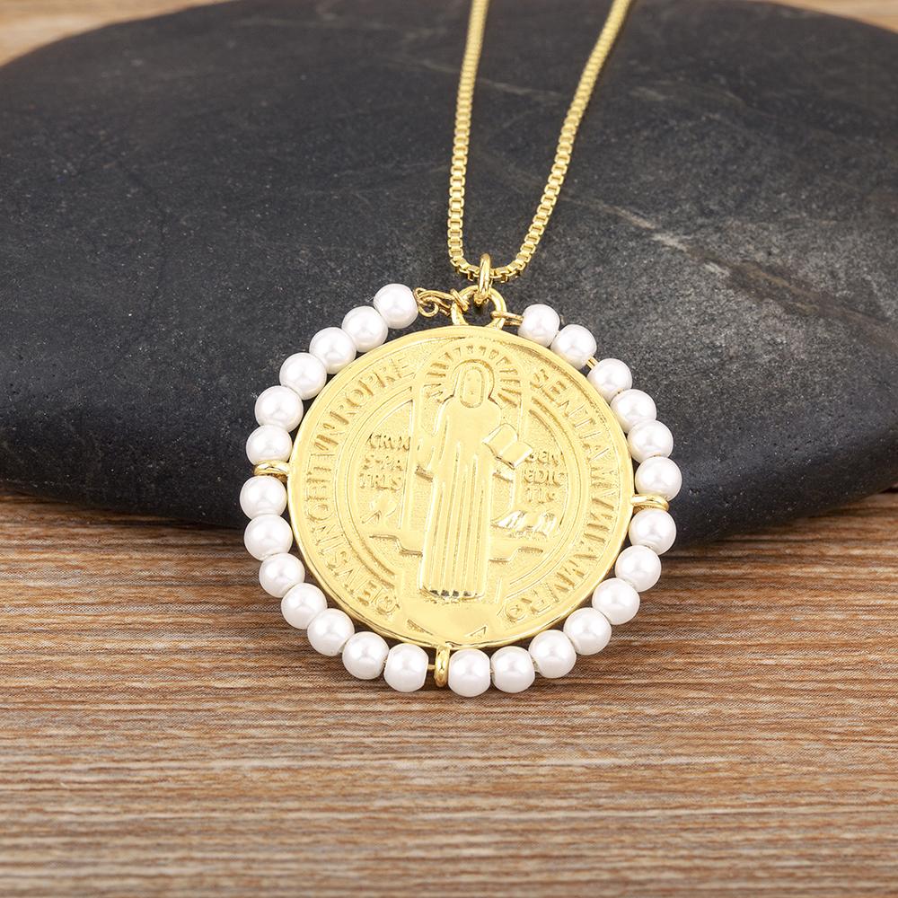 Nidin Neues Kreatives Design Runde Form Eingelegte Perlen Charm Anhänger Halskette Für Damen Herren Religiöser Stil Schmuckzubehör Geschenk