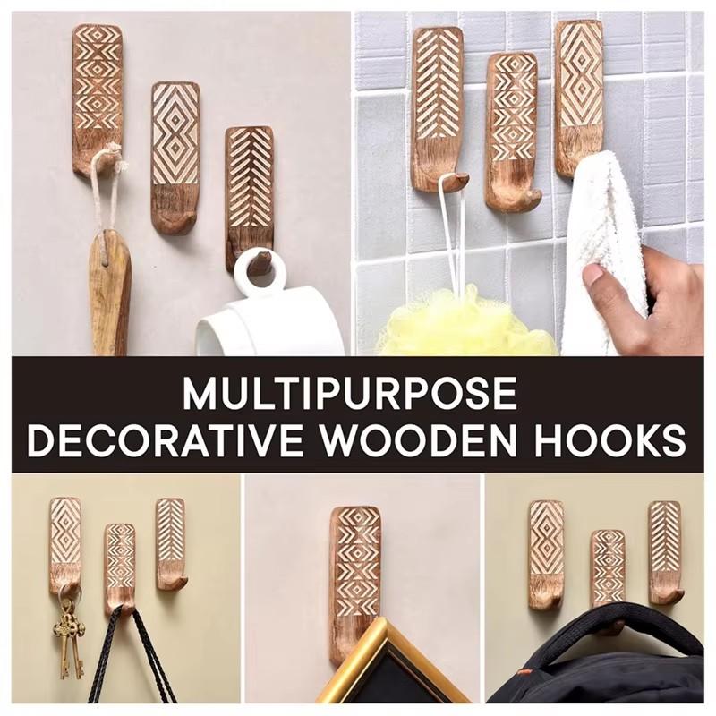 Non-Destructive Wood Wall Hooks - Adhesive Wall Hooks - Boho Decorative Wall Hooks
