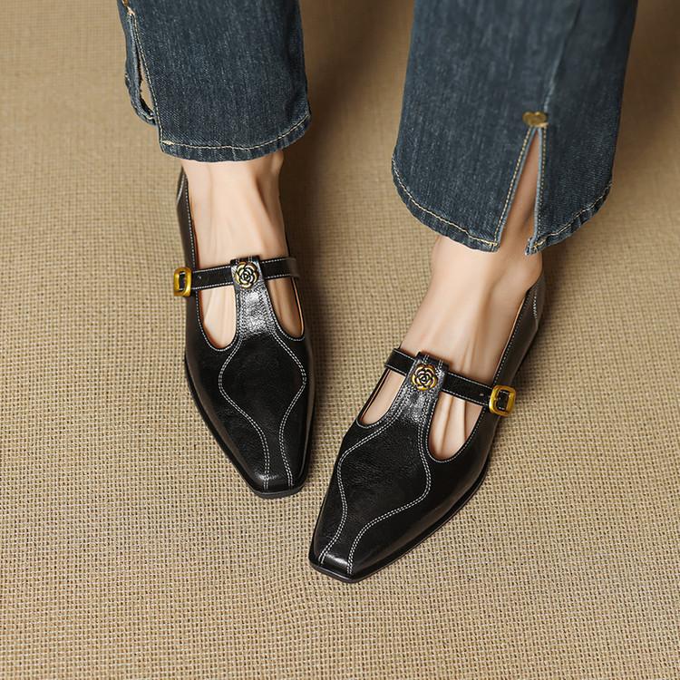 Retro square head flat bottom low heel medium mouth single shoes women's T-buckle belt Mary Jane small leather shoes