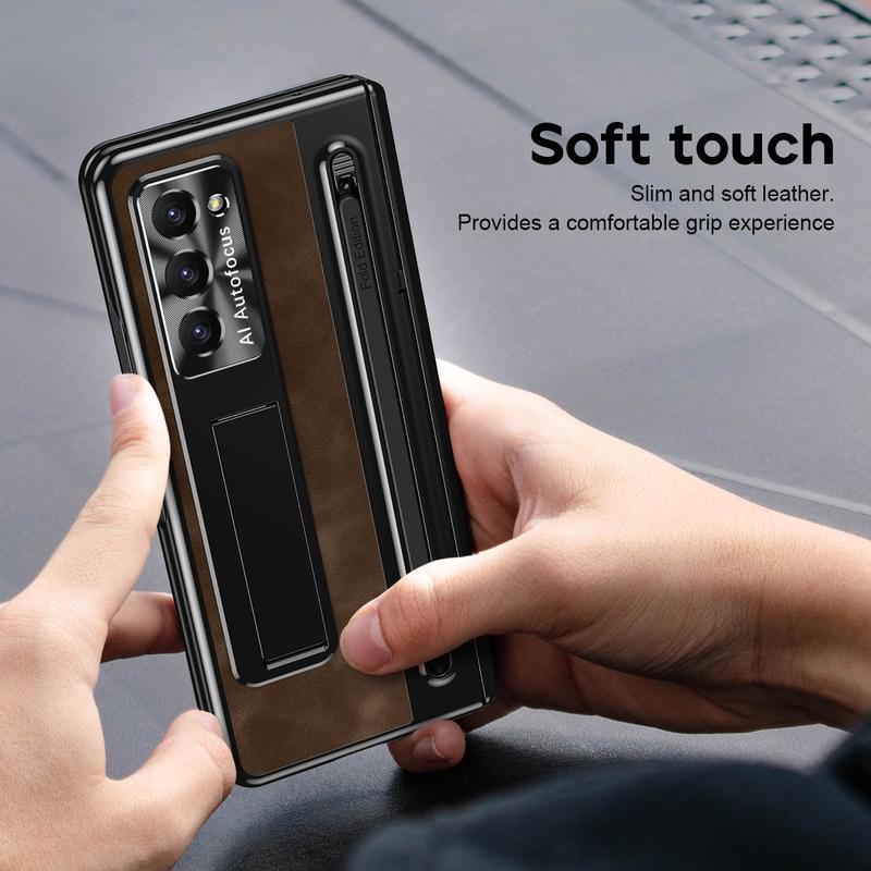 Leather Bracket Pen Slot With Stylus Case For Samsung Galaxy Z Fold7 6 5 4 Glass Screen Hinge Protection Cover For Z Fold 6 Slim