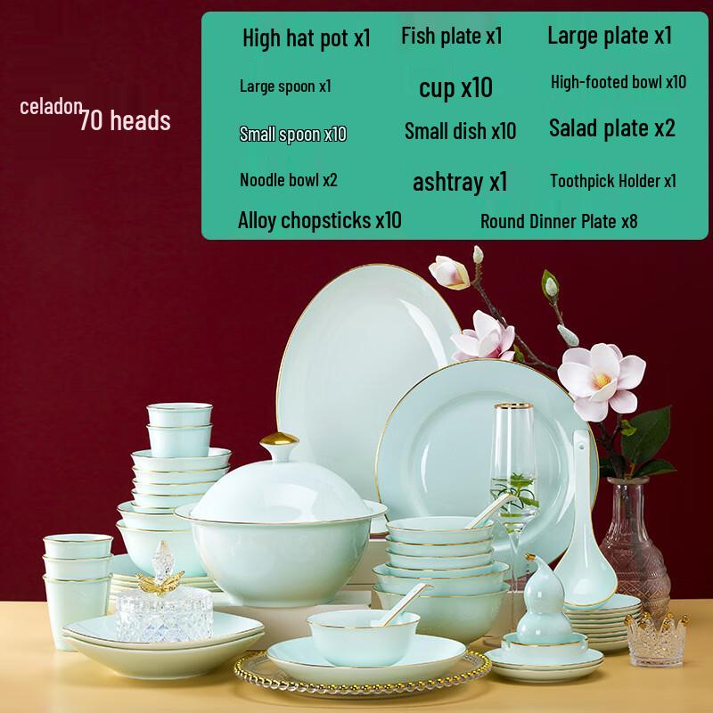 Jingdezhen Zlatý okraj Zelený kostní porcelánový jídelní servis