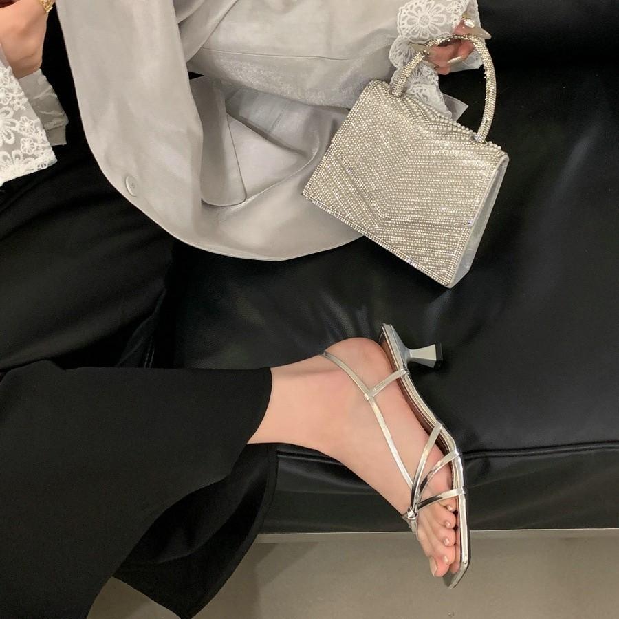 French niche silver sandals thick heel fairy shoes 2025 new summer with skirt thin belt temperament high heels