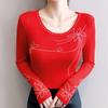 Spring Autumn Women's Hotfix Rhinestone T-Shirt Elegant O-neck Full Sleeve Tees Slim Ladies Tops