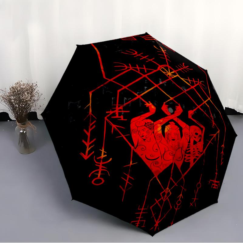 Valknut Print Automatic Umbrella, 8 Rib Iron Frame, Plastic Handle, Suitable for Outdoor Travel &Daily , Ideal Gift