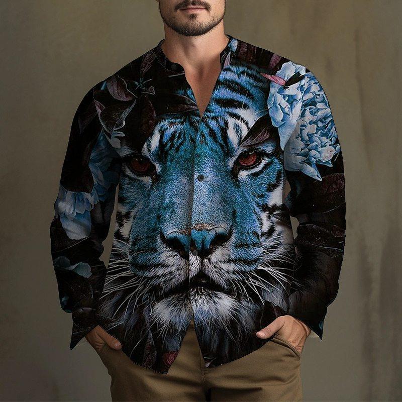 Tiger, Flower Pattern Long Sleeve Shirt Men's Spring and Autumn Trend Loose Casual Shirt Men's Autumn Clothing MB12