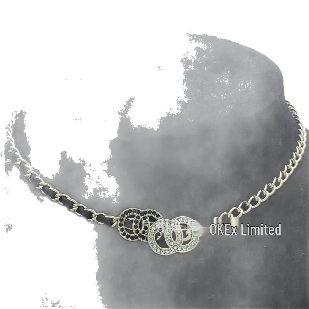 Seiko High-Quality Double C Inlaid Black & White Diamond Necklace with Black Leather Cord