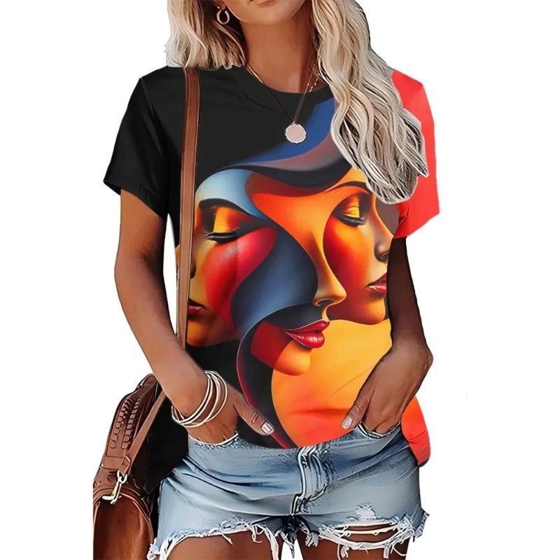 Summer Women's 3D Printed Crew Neck T-Shirt Fashion Versatile Trend Breathable Casual