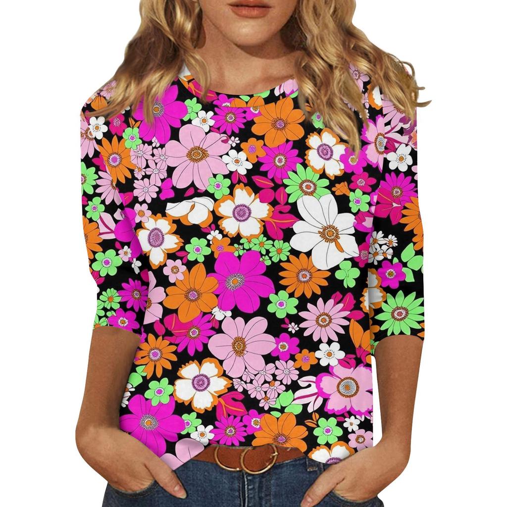 3/4 Sleeve Shirts For Women Cute Print Graphic Tees Blouses Casual Plus Size Basic Tops Pullover