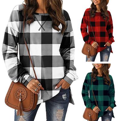 Moda feminina xadrez estampado bainha fenda manga comprida mid-long t-shirt