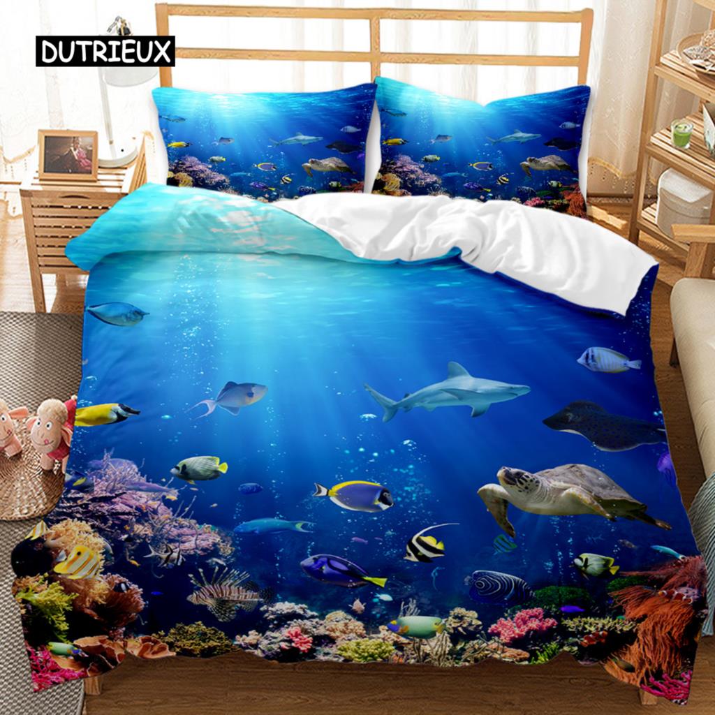Ocean Fish Duvet Cover Set Ocean Animals Fishes Theme Bedding Set Pillowcase Twin Double Queen King Size Polyester Qulit Cover
