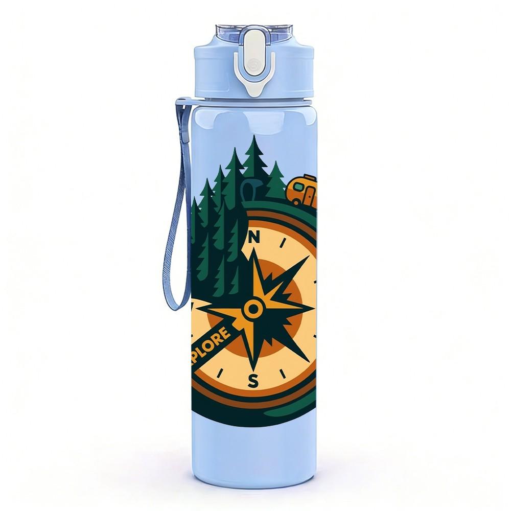1PC Vintage Compass Outdoor Adventure Print 750ml Color Plastic Sports Water Bottle Leakproof Flip Straw Lid Suitable for Sports Office Home Use