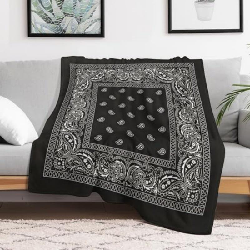 Black Paisley Bandana Flannel Throw Blanket Classic Western Bandana Pattern Soft Cozy Bed Blanket