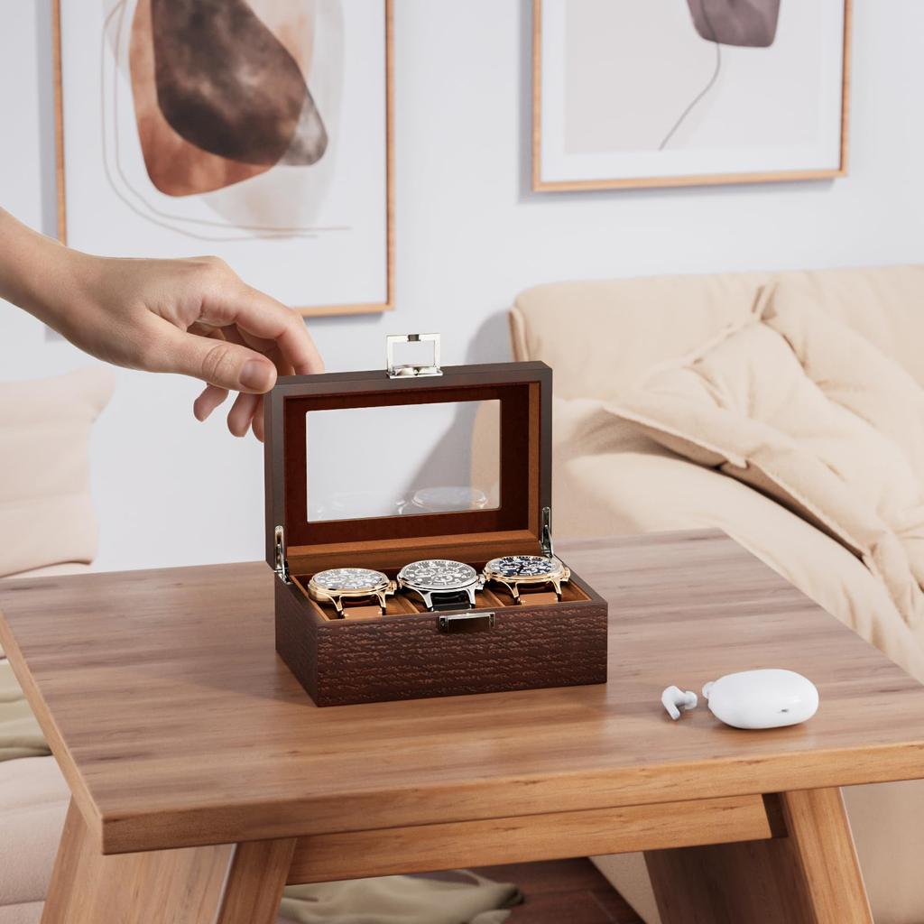 ProCase Men's Wooden Watch Box, 3-Slot Watch Display Case with Glass Lid