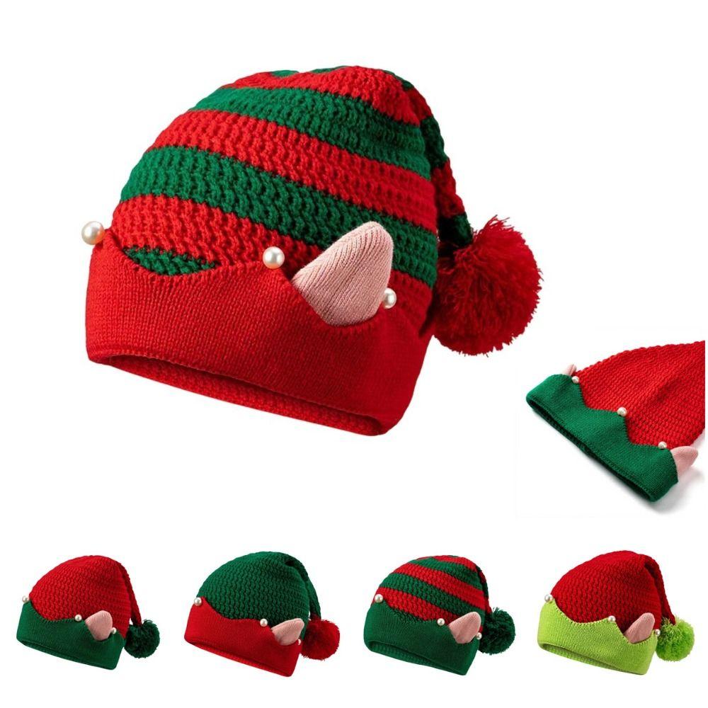 Christmas Holiday Gift Striped Pattern Christmas Hat Jacquard Knitted Knitted Hat with Small Ears Wool Ball Elf Santa Cap Winter