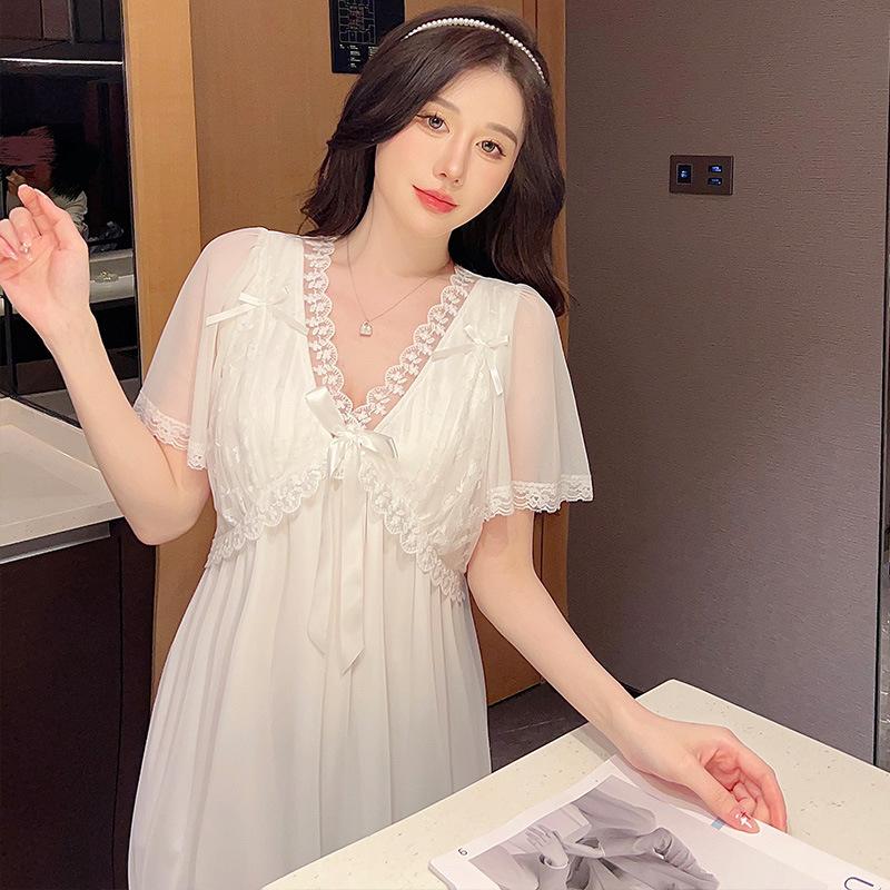Summer V-Neck Mesh Lace Nightdress Short Sleeve Pure Princess Style Sweet Lace Sexy Loungewear Pajamas