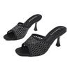 2025 new white slippers female sexy fine heel mesh hollowed sandals gauze heelless sandals summer high heels