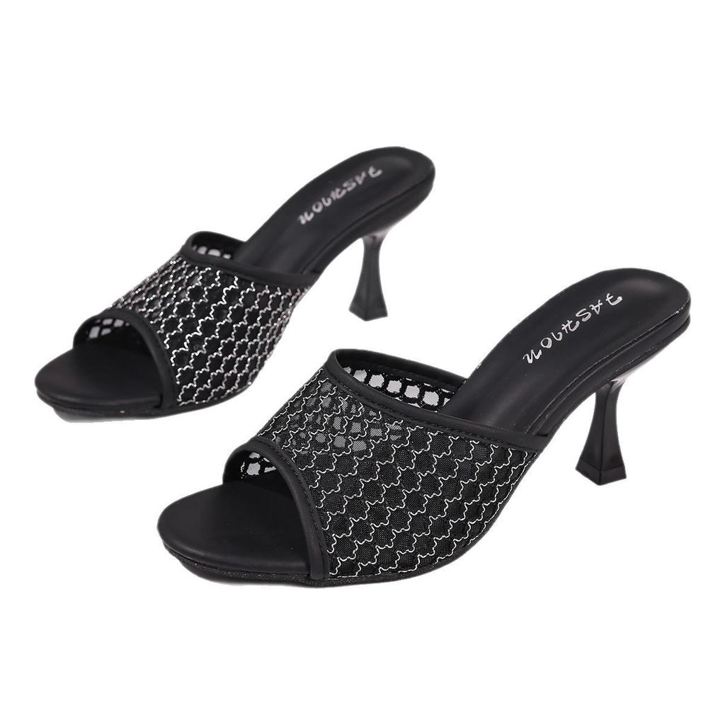 2025 new white slippers female sexy fine heel mesh hollowed sandals gauze heelless sandals summer high heels