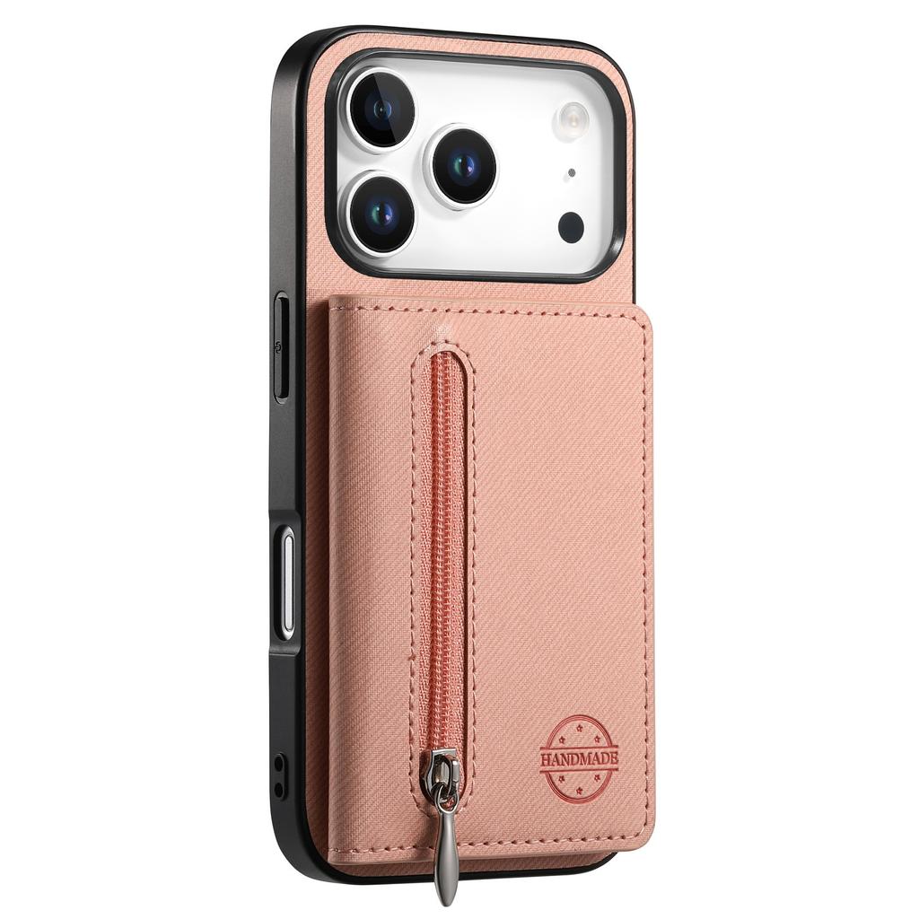For iPhone 17 Pro Max Case Zipper Card Holder Kickstand Jeans Cloth Texture Leather Back Cover