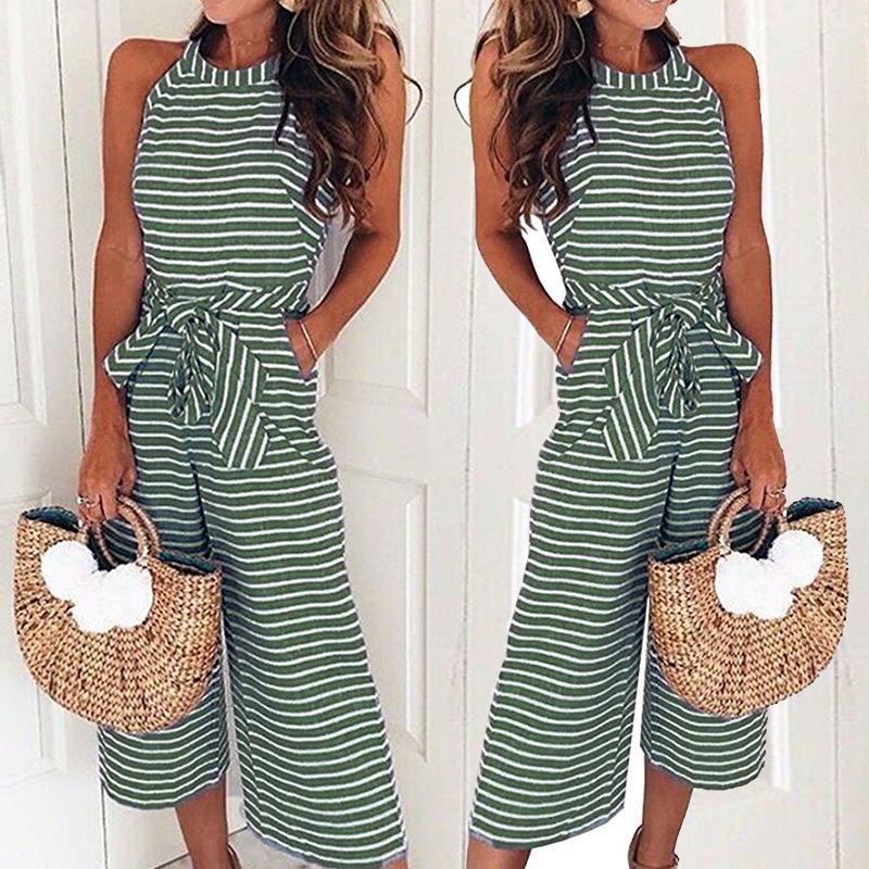 Summer Striped Womens Wide Leg Holiday Jumpsuits Playsuits Culotte Elegant
