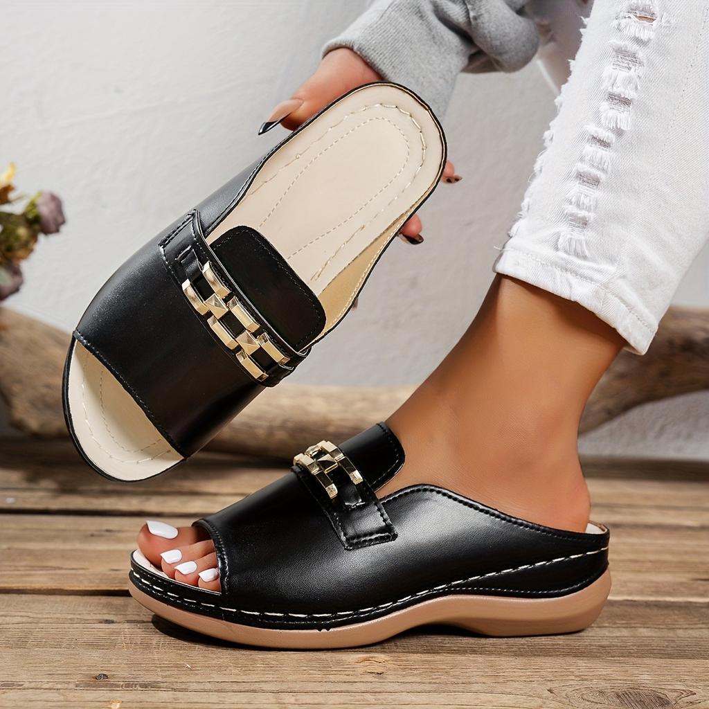 Women's Thick Bottom Platform Sandals - White Slip In, Gold Buckle, Flat Bottom, Open Toe Design, PU Sole, Synthetic Inner and Upper, Casual Shoes