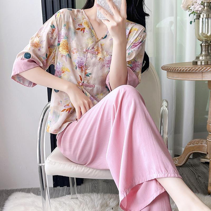 New cotton and silk pajamas women's spring and summer printing retro new Chinese style national style can be worn outside loungewear cotton silk suit