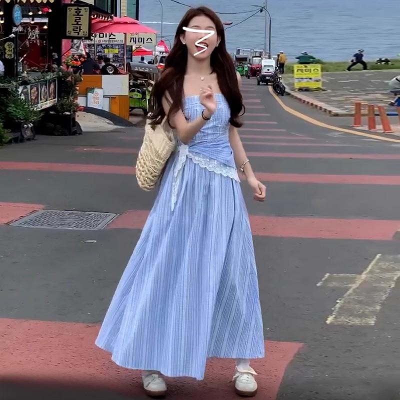 [Welcome sign] blue plaid bandeau camisole dress women's summer French feel waist slimming skirt