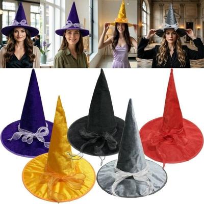 With Lace Velvet Dark Witch Hat Wide Brim Pointed Mage Hat Halloween Witch Hat  Halloween Party