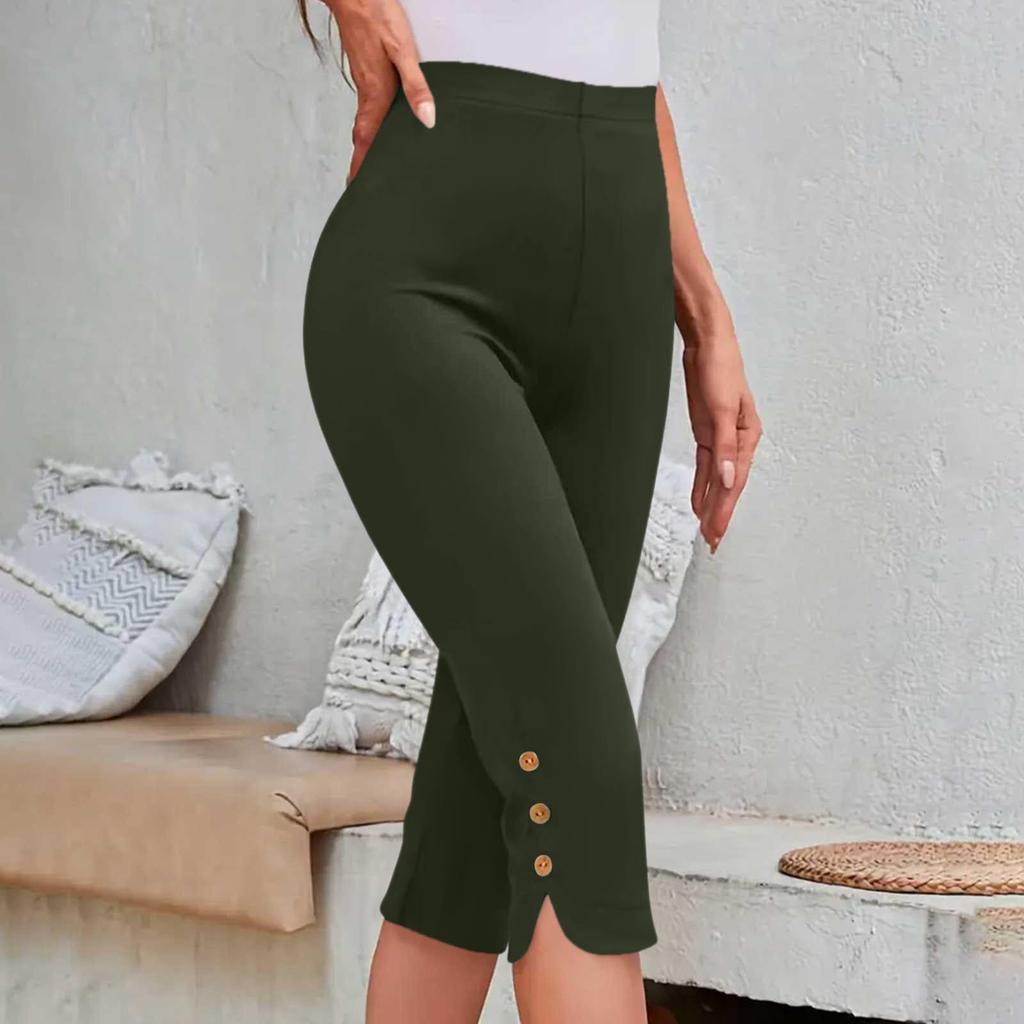 Women's Fashionable Solid Color High Waist Slimming Casual Elastic Waist Bottom Cropped Pants