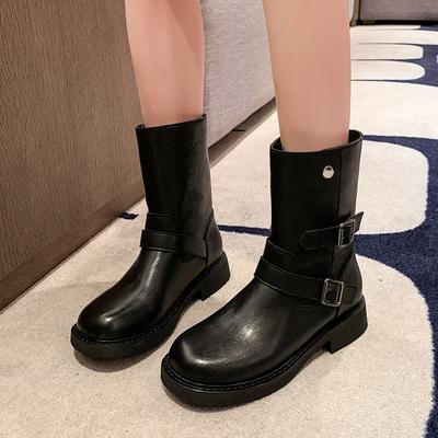 Mode Herbst Winter Neue Damen Stiefeletten Neu 2024 Hohe Qualität Outdoor Einfarbig Doppel Schnalle Dekoration Damenstiefel