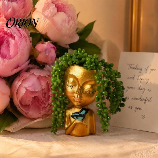 Makeup Brush Holder Creative Resin Girl Portrait Flowerpot for Green Plants Succulents, Holder, Multifunctional Head Vase Vase, Decorative Desktop