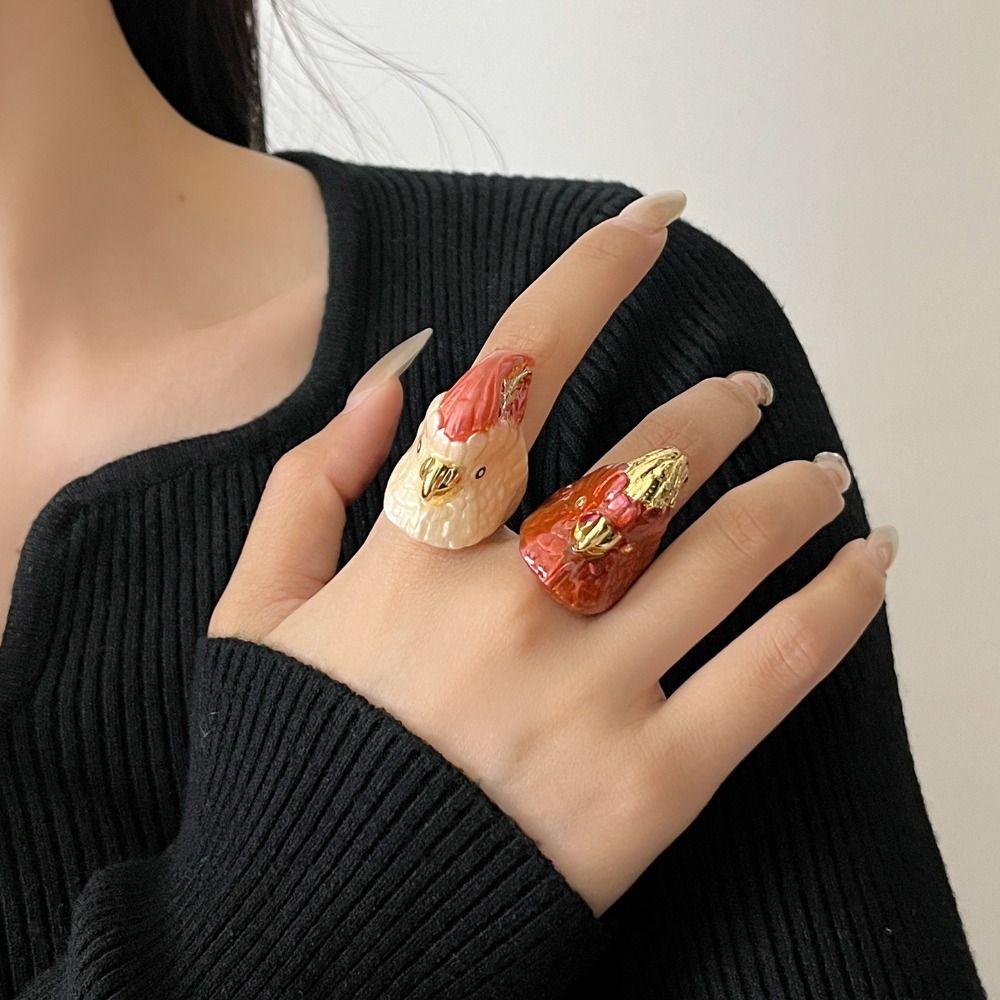 Geometric Exaggerated Ring Minority Design Chunky Enamel Ring Creative Parrot Drip Oil Ring  Couple